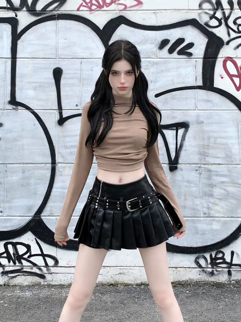 Women'S Black Gothic A-Line Pleated Leather Skirt Y2K Mini Shorts Skirts Harajuku Korean Emo Skirt 2000S Vintage Clothes Summer