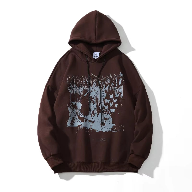 2026 Dark Streetwear Retro Graphic Print Brown Mens Hip Hop Hoodies Pullover Vintage Clothes Women Hooded Sweatshirt Manga Larga