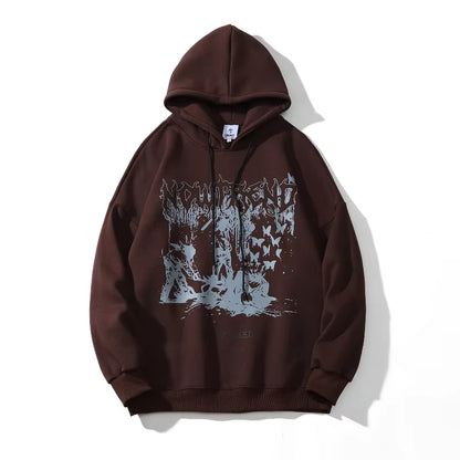 2026 Dark Streetwear Retro Graphic Print Brown Mens Hip Hop Hoodies Pullover Vintage Clothes Women Hooded Sweatshirt Manga Larga