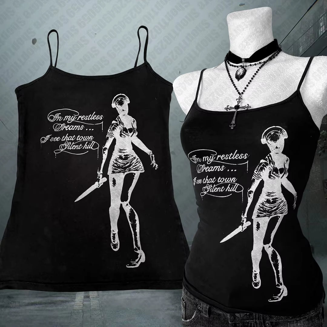 Aesthetic Goth Cami Emo Girl Y2K Crop Top Vintage Clothes Letter Print Baby Tee Summer Harajuku Sleeveless Slim 2000S Streetwear