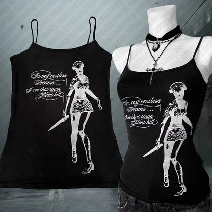 Aesthetic Goth Cami Emo Girl Y2K Crop Top Vintage Clothes Letter Print Baby Tee Summer Harajuku Sleeveless Slim 2000S Streetwear