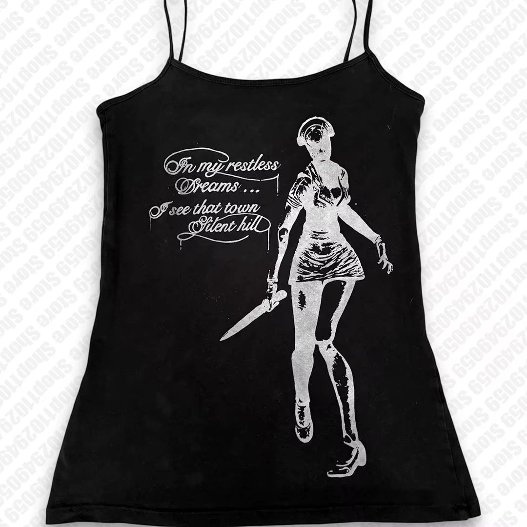 Aesthetic Goth Cami Emo Girl Y2K Crop Top Vintage Clothes Letter Print Baby Tee Summer Harajuku Sleeveless Slim 2000S Streetwear