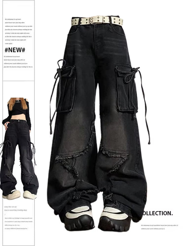 Women'S Black Gothic Baggy Cargo Jeans with Star Harajuku Y2K 90S Aesthetic Denim Trousers Emo 2000S Jean Pants Vintage Clothes