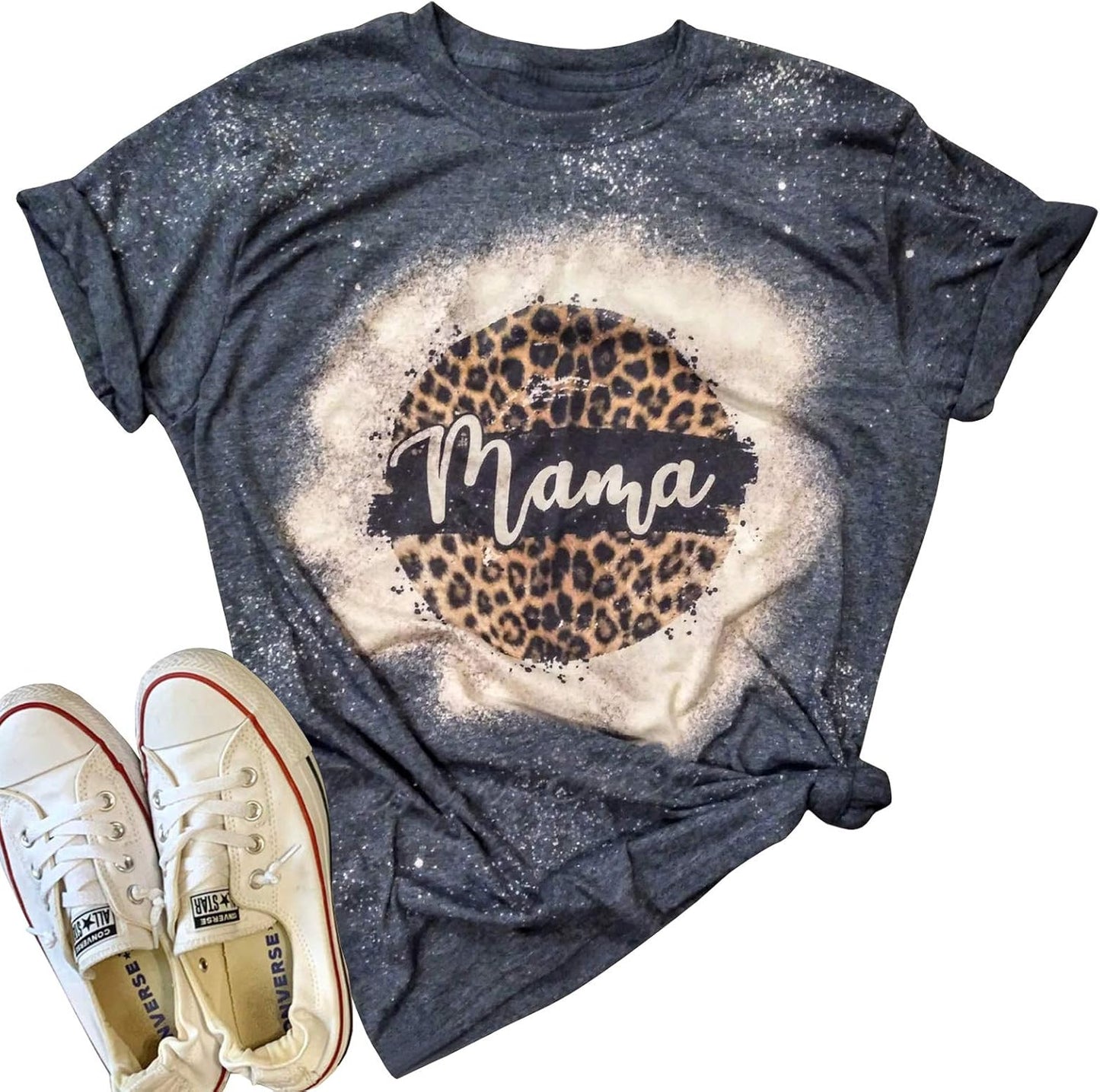Mama Vintage Bleached T-Shirt Women Funny Leopard Graphic Mama Shirt Tee Casual Short Sleeve Letter Print Mom Tee Tops