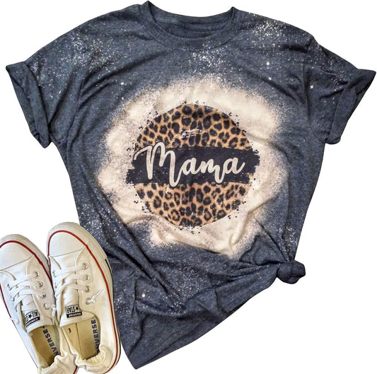 Mama Vintage Bleached T-Shirt Women Funny Leopard Graphic Mama Shirt Tee Casual Short Sleeve Letter Print Mom Tee Tops